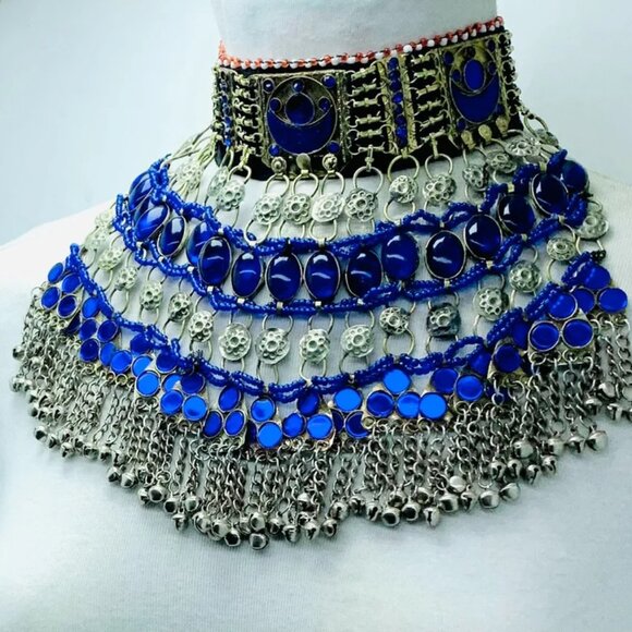 Blue Choker Necklace, Handmade Afghan Choker, Tribal Unique Jewelry designs - Picture 3 of 9